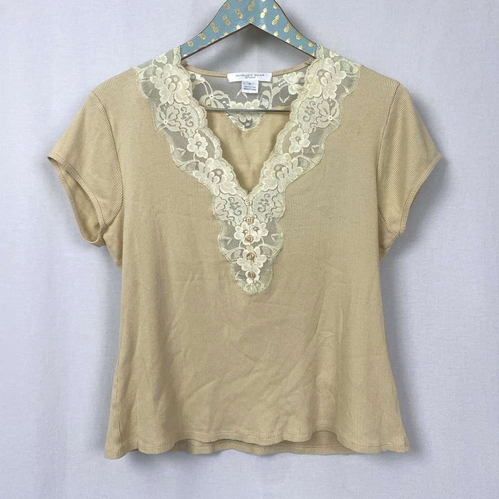 August Silk Top Womens XL Beige Lace Rib Knit Y2K Coquette Romantic Boho Neutral